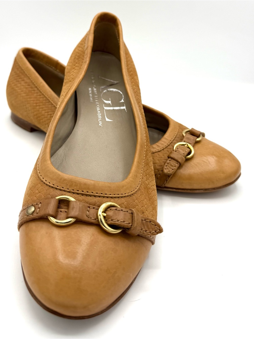 AGL Attilio Giusti Leombruni Tan Leather Ballet Flats with Gold Buckle Detail